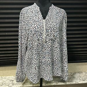 GNW Women’s Collarless 1/2 Zip Long Sleeve Multi Colored Speckled Blouse Medium